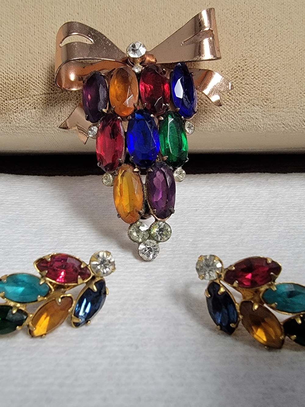 Vintage Multi-Color Rhinestone Brooch and Earring Set